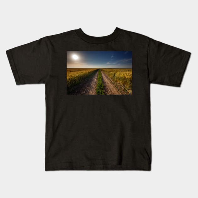Rural road through wheat field Kids T-Shirt by naturalis